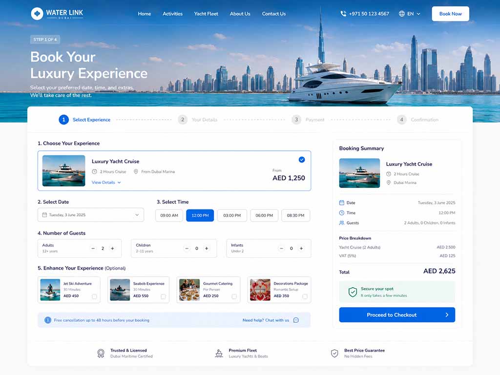 Water Link booking flow example placeholder