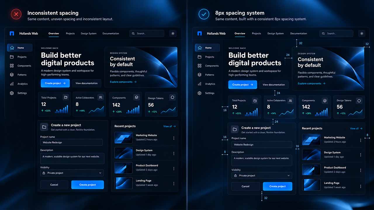 Comparison of inconsistent UI spacing and a cleaner interface using an 8-point spacing system