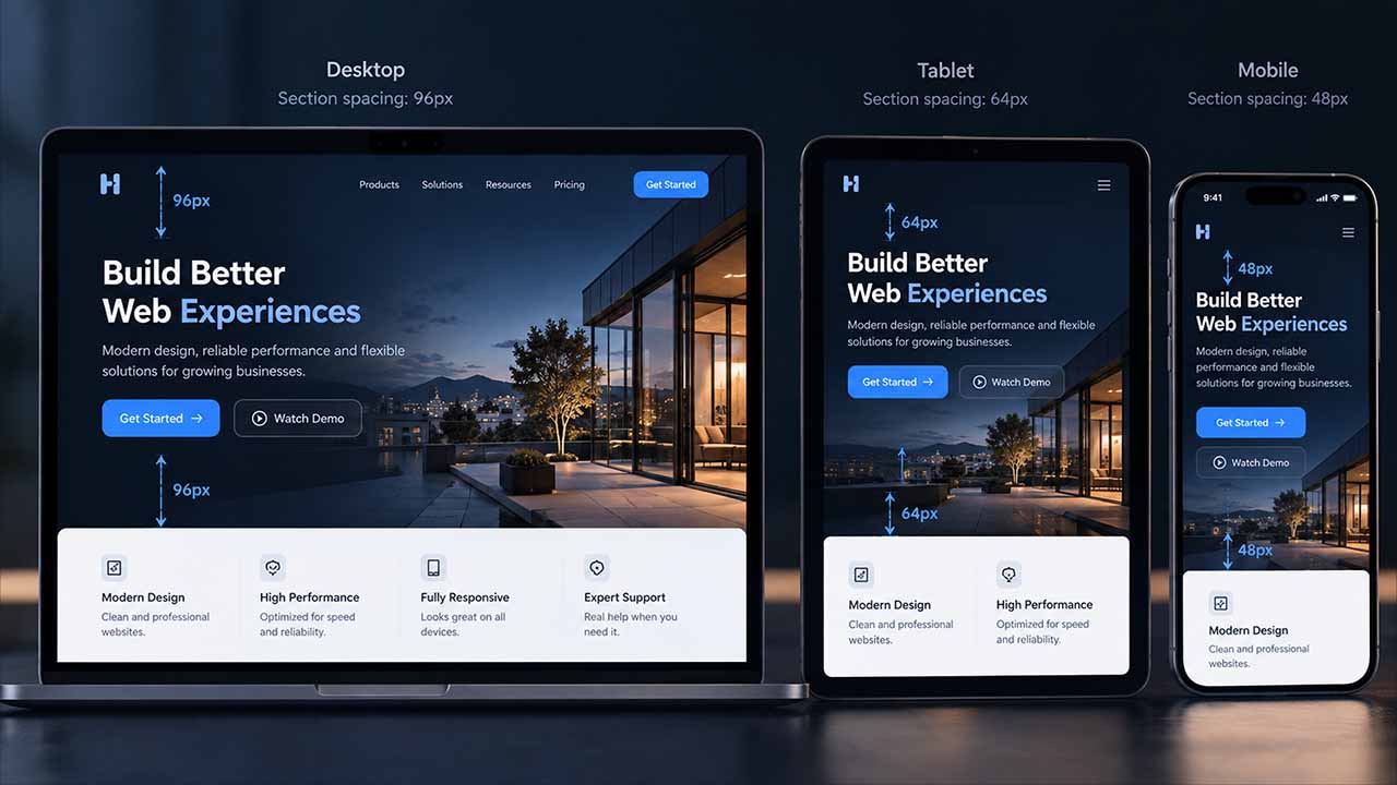 Responsive UI using 96px, 64px and 48px section spacing across desktop, tablet and mobile