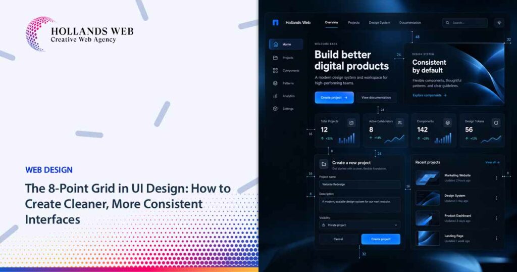 Modern UI components organized with an 8-point grid and consistent spacing system.